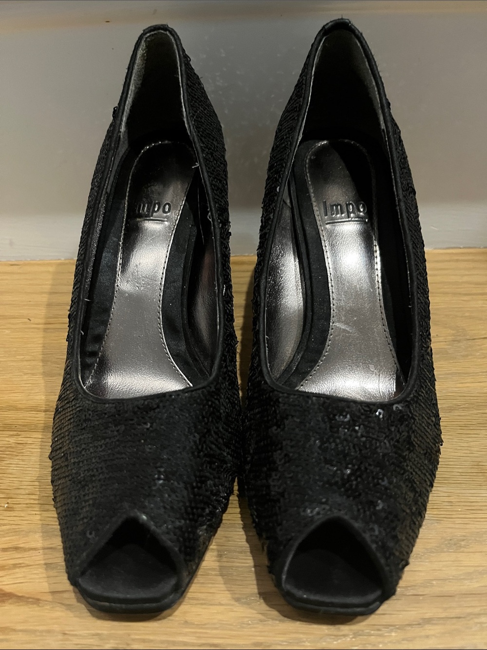 Impo Black Sequin Peep-Toe Heels